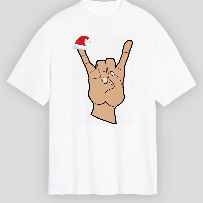 Yılbaşı Noel Başlıklı Serçe Parmak Baskılı Oversize Bisiklet Yaka T-shirt - Beyaz