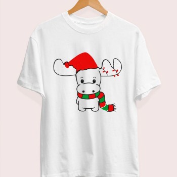 Yılbaşı Noel Ren Geyiği Baskılı Kısa Kollu Oversize Bisiklet Yaka T-shirt - Beyaz