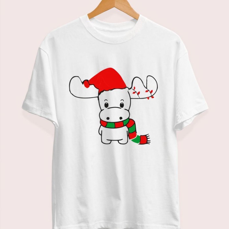 Yılbaşı Noel Ren Geyiği Baskılı Kısa Kollu Oversize Bisiklet Yaka T-shirt - Beyaz