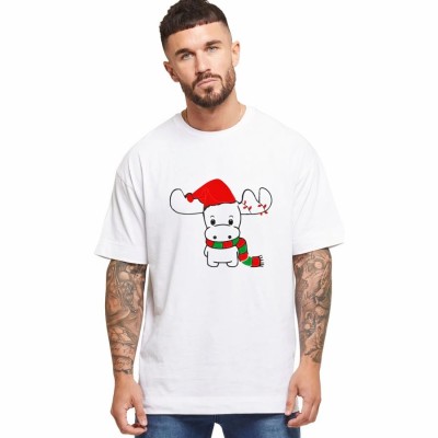 Yılbaşı Noel Ren Geyiği Baskılı Kısa Kollu Oversize Bisiklet Yaka T-shirt - Beyaz